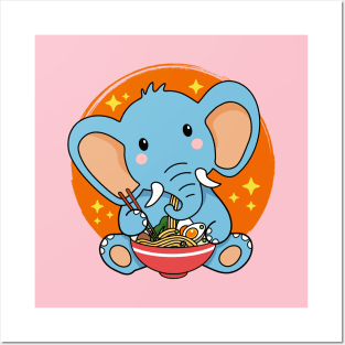 Baby Elephant Eating Ramen Kawaii Animal Lover Posters and Art